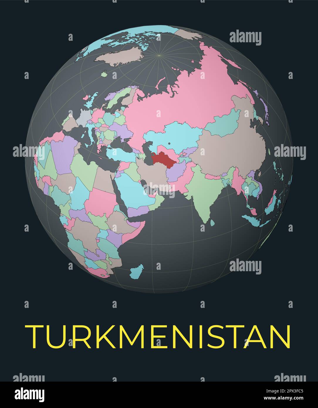 Weltkarte mit Schwerpunkt Turkmenistan. Rotes Land hervorgehoben. Satellitenansicht der Welt mit dem Namen des Landes. Vektorabbildung. Stock Vektor