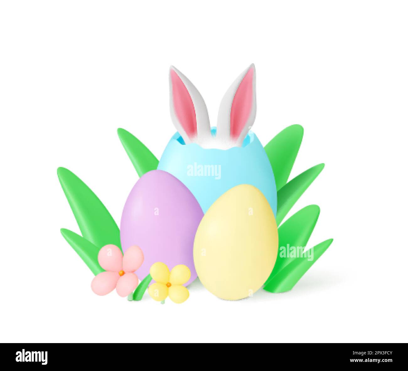 Ostern 3D Komposition mit Eiern, Blumen und Gras. Frühlingsfest, Hasenohren im Farb-Ei. Blumige saisonale isolierte realistische Vektorszene Stock Vektor