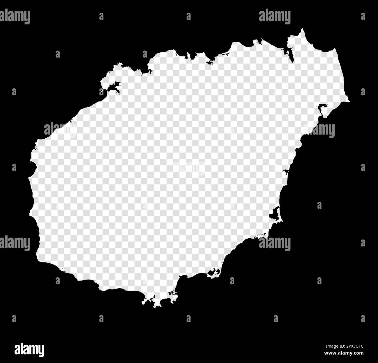 Schablonenkarte von Hainan. Einfache und minimal transparente Karte von Hainan. Schwarzes Rechteck mit Schnittform der Insel. Fesselnde Vektordarstellung. Stock Vektor