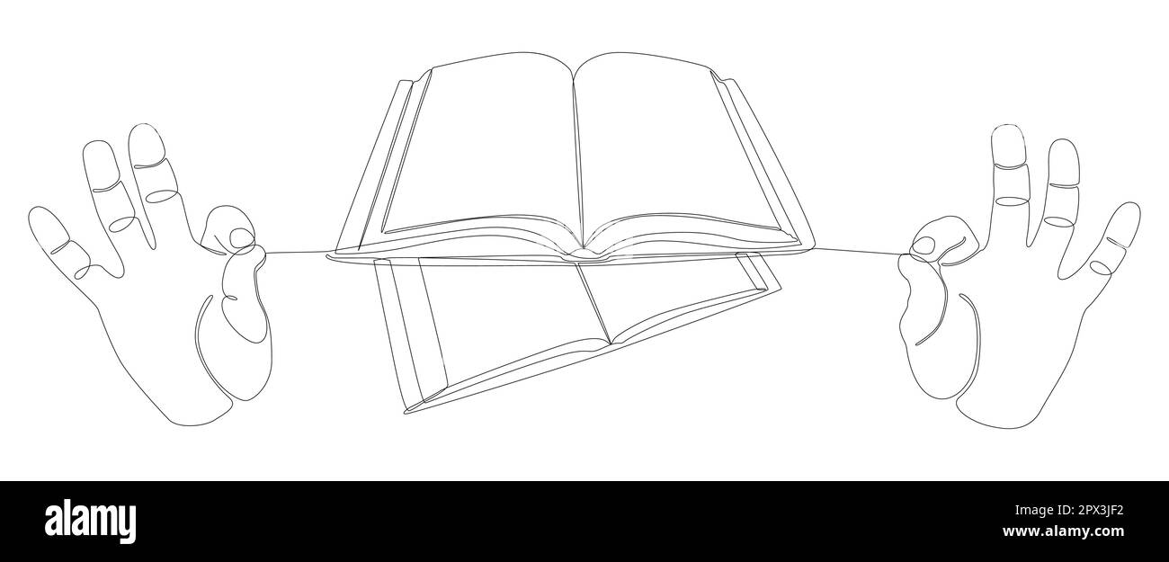 Eine durchgängige Hand mit mehreren Büchern. Vektorkonzept zur Darstellung dünner Linien. Kontur Zeichnen kreativer Ideen. Stock Vektor