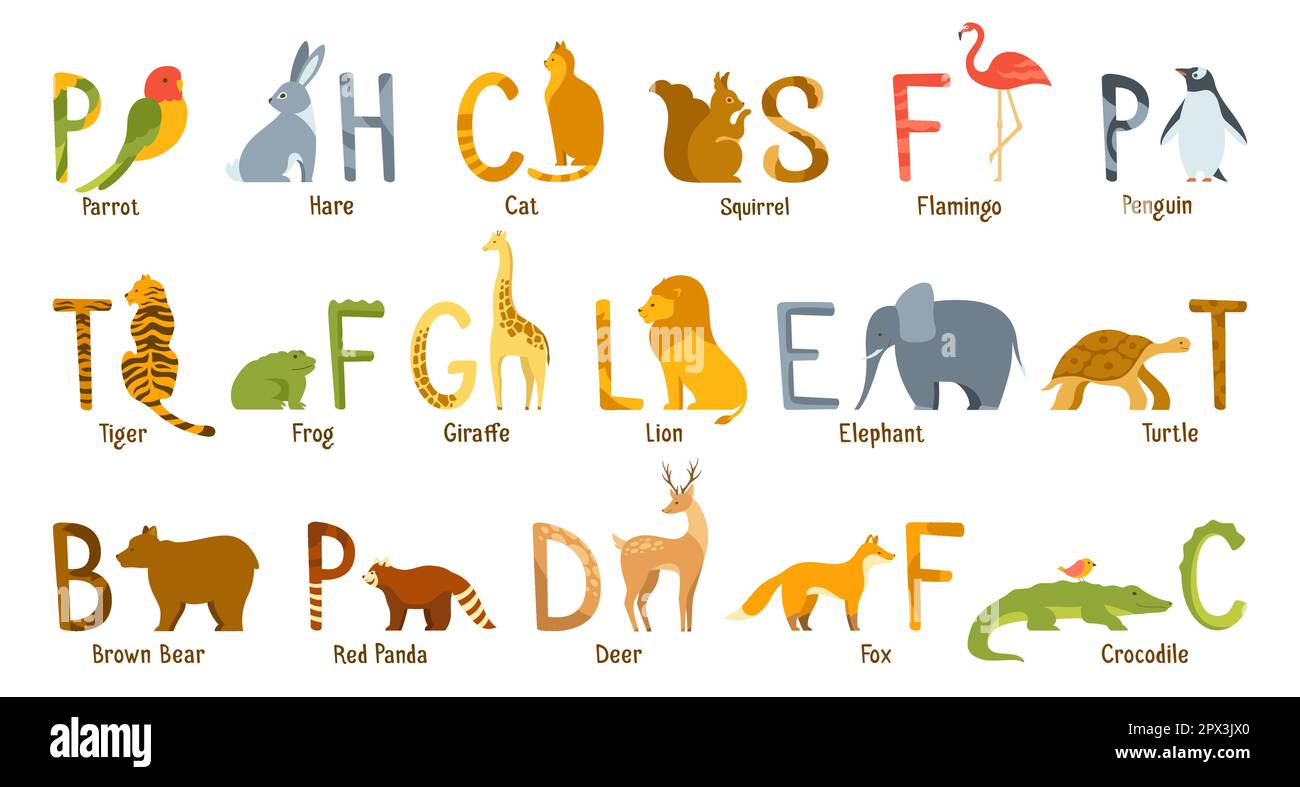 Zeichentrickset mit Tierzoo-Alphabet. Zierbriefe Tiere für Kinder Lernanschauung. Hasenpapagei-Eichhörnchen-Giraffe. Panda-Bärenpinguin. „Cat Fox Löwe Tiger“-Kollektion Stock Vektor