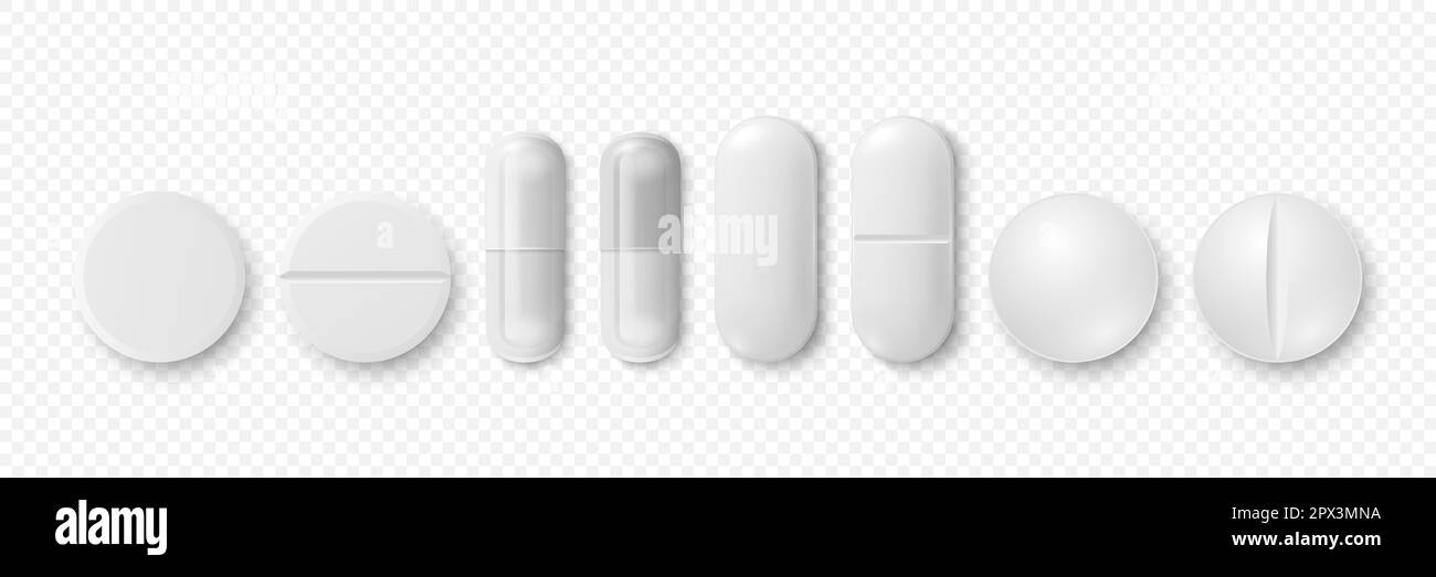 Vector 3D Realistic White Round, Oval Pharmaceutical Medical pill, Kapsel, Tablet Icon Set Closeup isoliert. Pillen-Sammlung. Vorderansicht, Draufsicht Stock Vektor