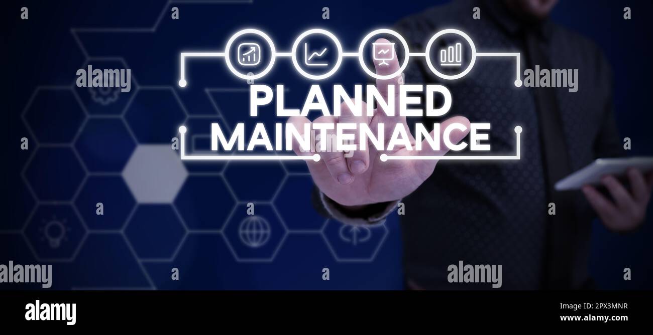 Inspiration mit dem Schild Planned Maintenance (geplante Wartung), Word for Check ups to be scheduled on a regular Basis (Wort für regelmäßige Kontrollen) Stockfoto
