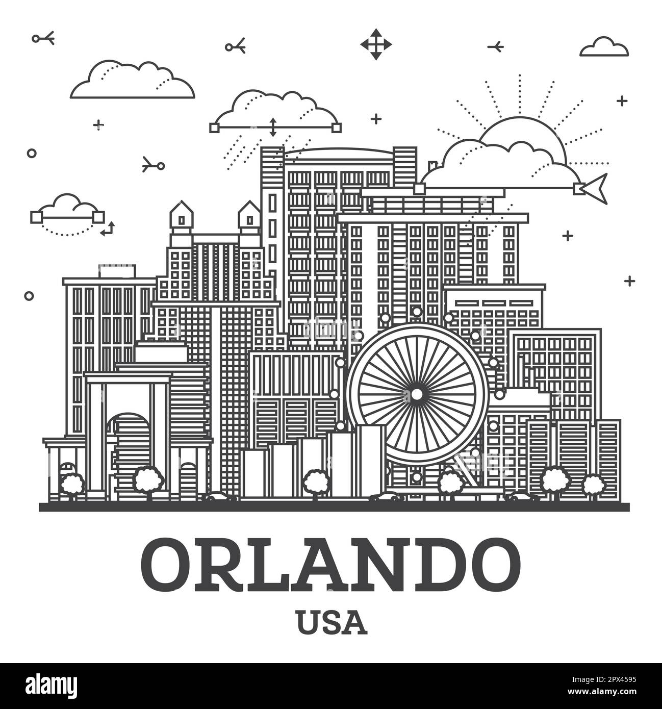 Umreißen Sie die Skyline von Orlando Florida City mit modernen und historischen Gebäuden, die auf White isoliert sind. Vektorgrafik. Orlando USA Stadtbild mit Wahrzeichen. Stock Vektor