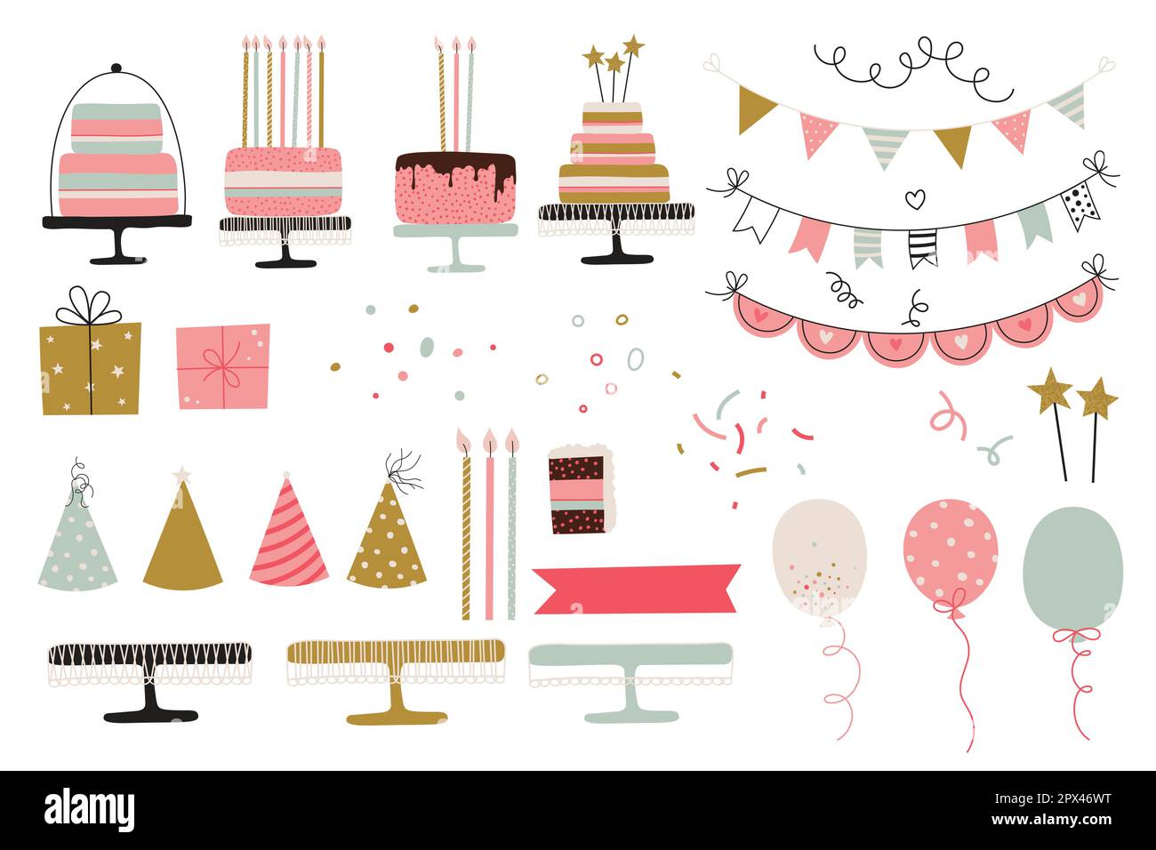 Geburtstagsparty-Set. Vektordarstellung in einfachem Stil Stock Vektor