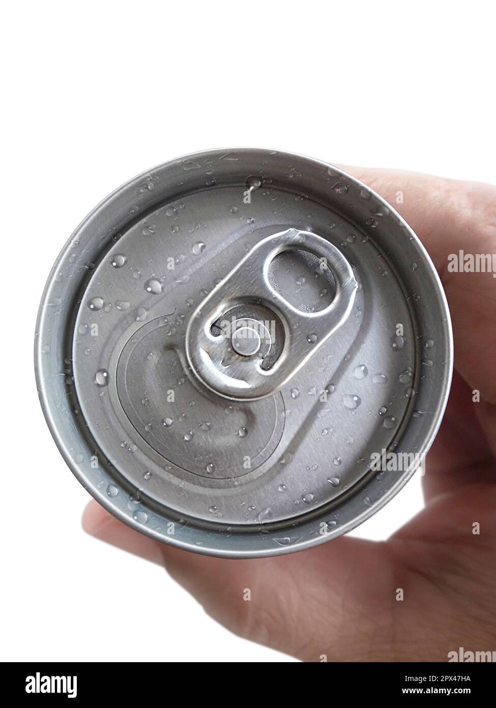 Draufsicht. Eine Männerhand hält eine Dose isoliert auf weißem Hintergrund Stockfoto