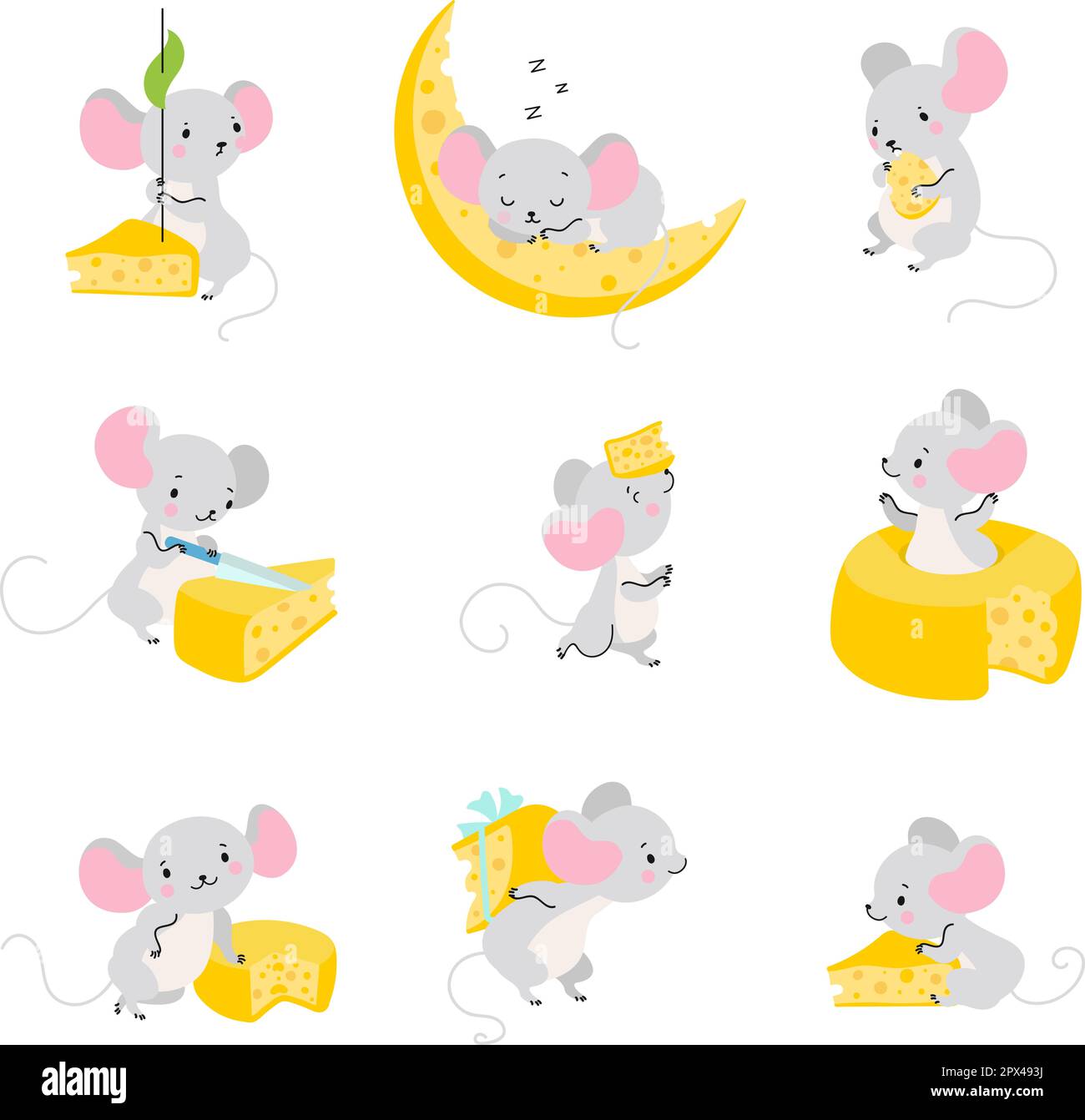 Maus und Käse. Süße Mäuse essen, lustige Ratten gruppieren Zeichentrickfiguren. Die Ratte schläft, spielt und hat verschiedene Aktivitäten. Heute ist es ein Vektortier Stock Vektor
