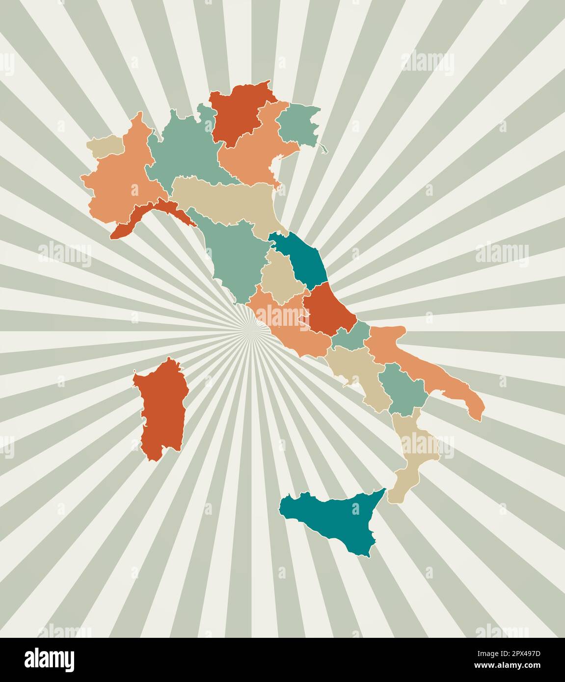 Karte für Italien. Poster mit Landkarte in Retro-Farbpalette. Die Form Italiens mit Sonnenstrahlen-Hintergrund. Vektordarstellung. Stock Vektor