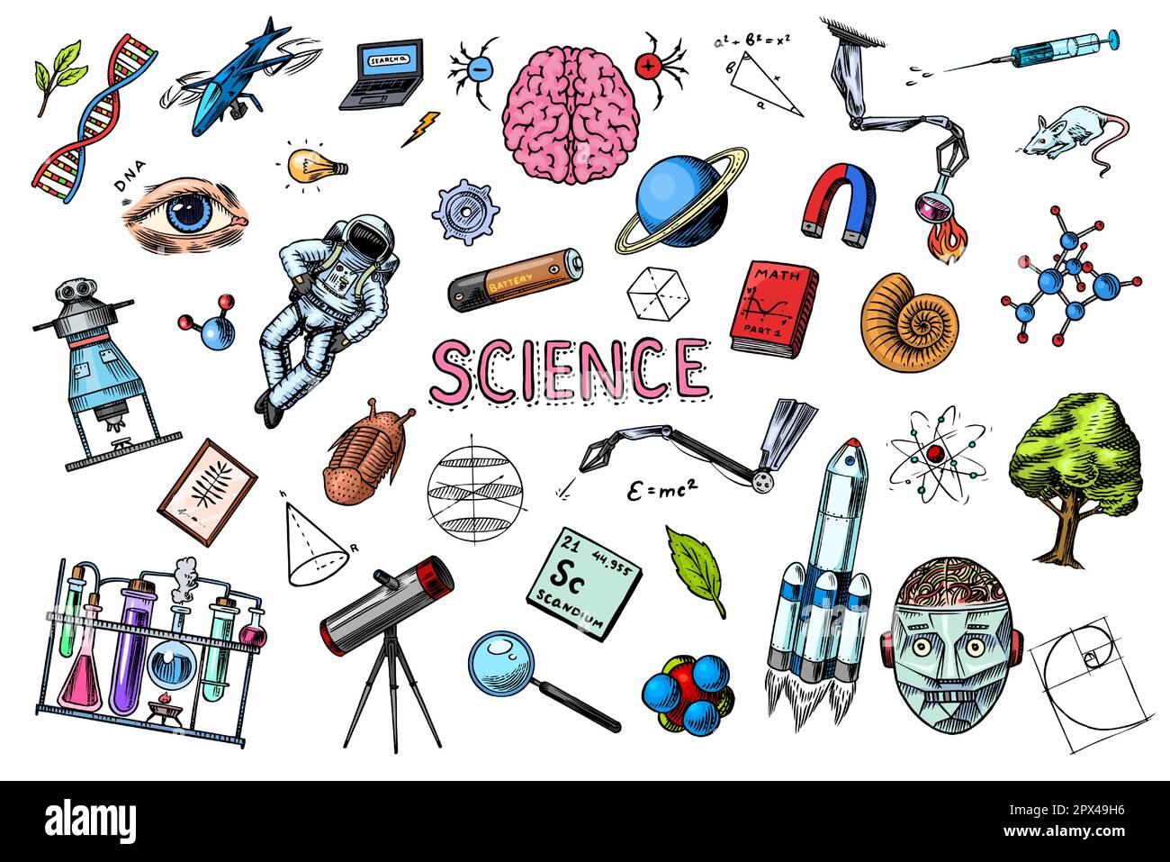 Science-Banner. Handgraviert in alten Skizzen und Vintage-Stil gezeichnet. Astronaut und Rakete. Wissenschaftliche Formeln und Berechnungen in der Physik und Stock Vektor
