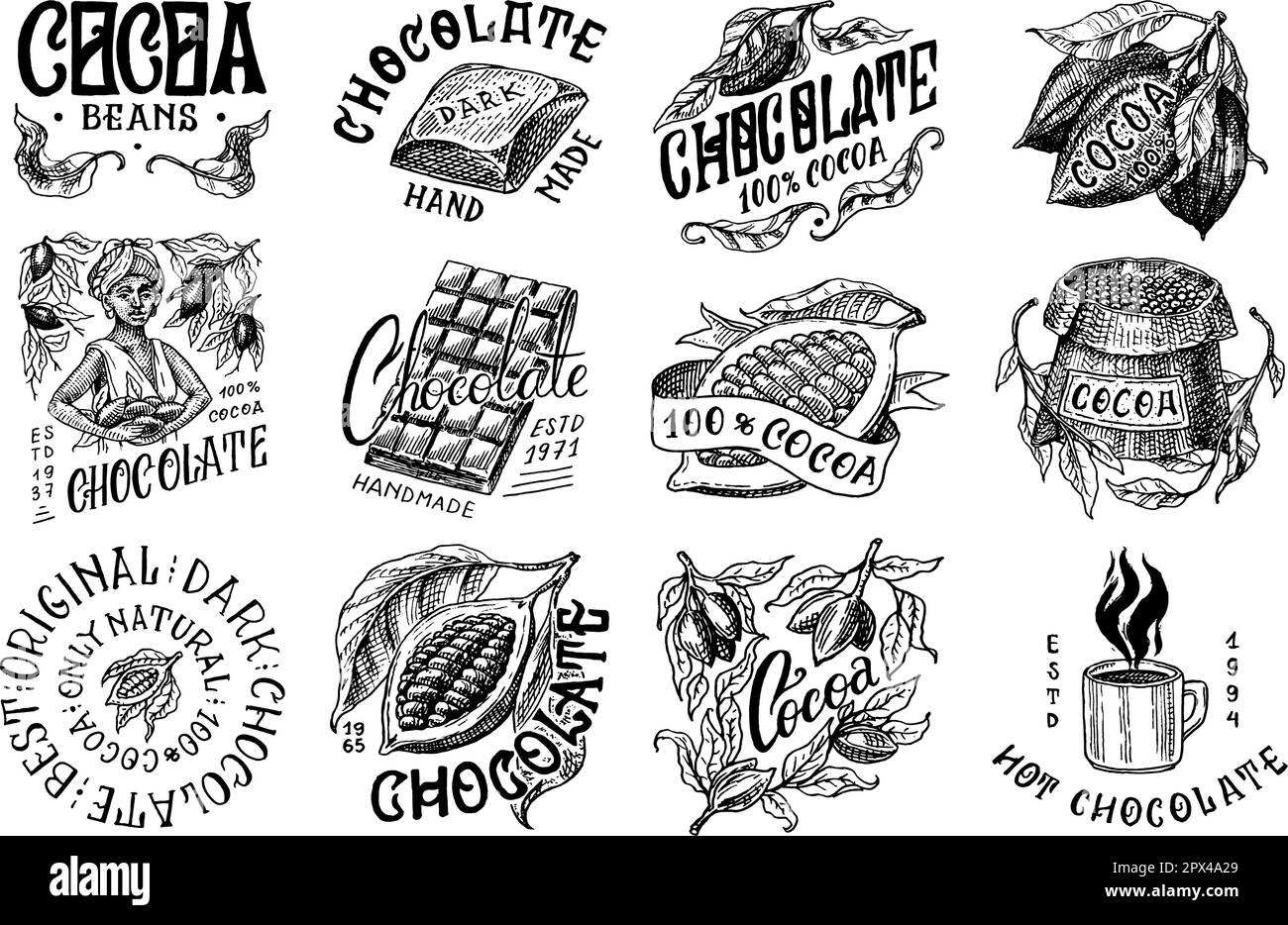Kakaobohnen und Schokolade. Frau und eine Tasse Getränk. Vintage-Abzeichen oder -Logo-Set für T-Shirts, Typografie, Shop oder Schilder. Handgezeichnete gravierte Skizze Stock Vektor