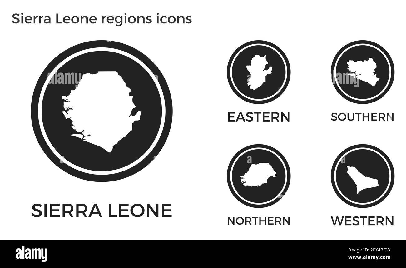 Symbole für Regionen in Sierra Leone. Schwarze runde Logos mit Karten und Titeln der jeweiligen Region. Vektordarstellung. Stock Vektor