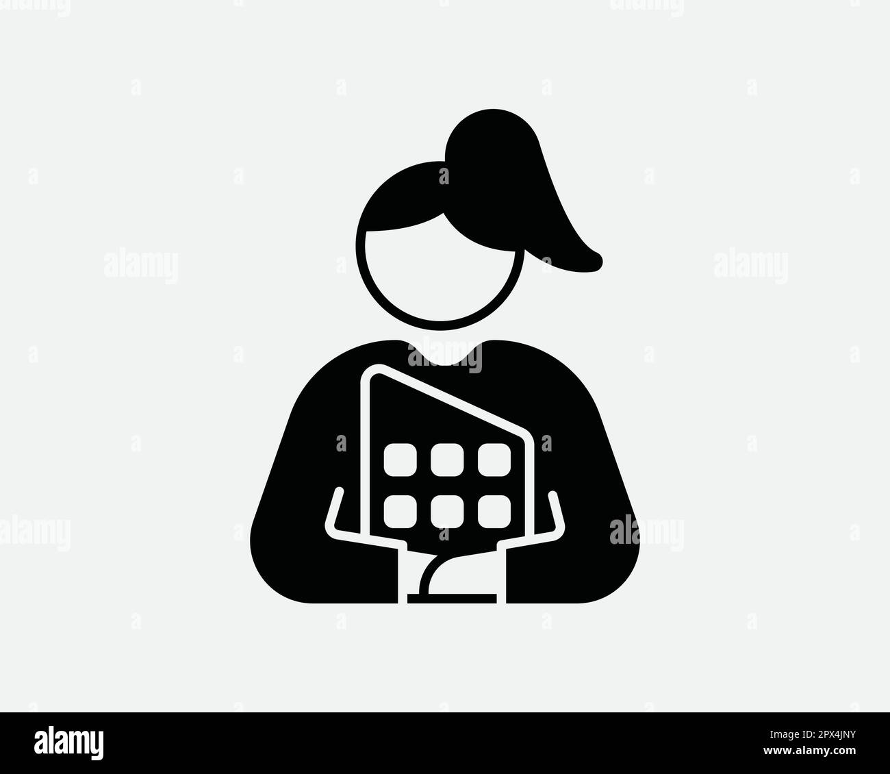 Frau Lady Holding Dokument Tablet Ordner Buch Stick Bild Schwarz-Weiß-Symbol Symbol Zeichen Vektor Bildmaterial Clipart Illustration Stock Vektor