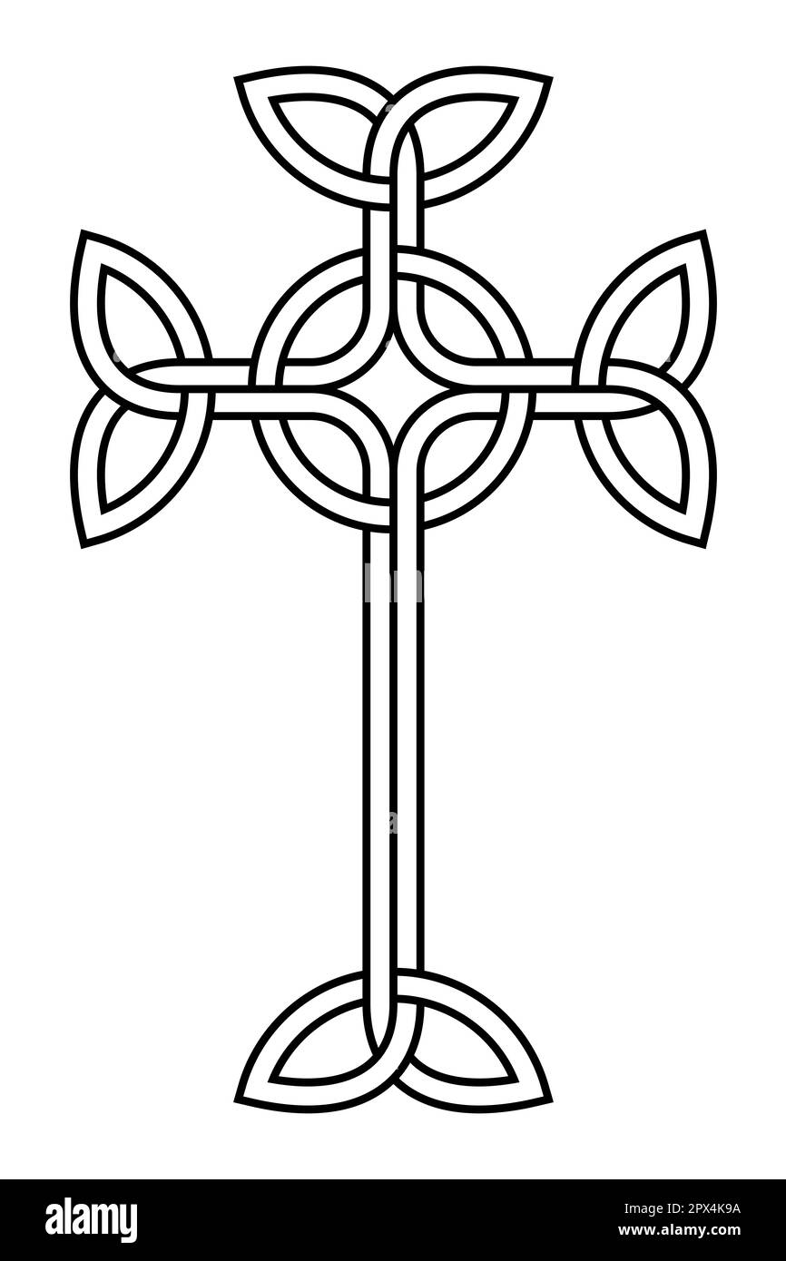 Interlaced Celtic Cross. Eine keltische Form des lateinischen Kreuzes mit Dreiecksknoten an den vier Enden, die mit einem Kreis in der Mitte verbunden sind. Stockfoto