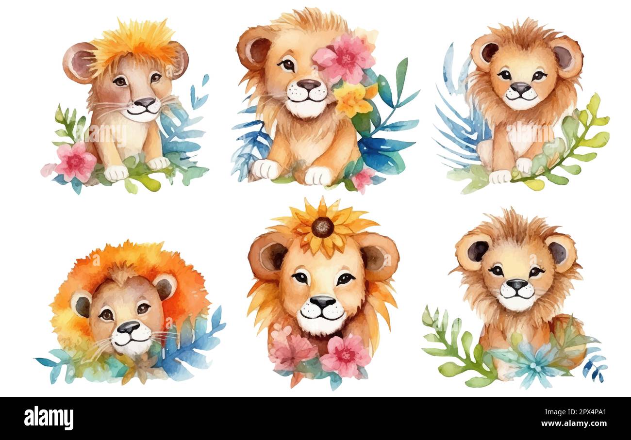 Aquarellfarben-Set-Darstellung von wilden Katzen Löwentiger isoliert auf weißem Hintergrund Stock Vektor