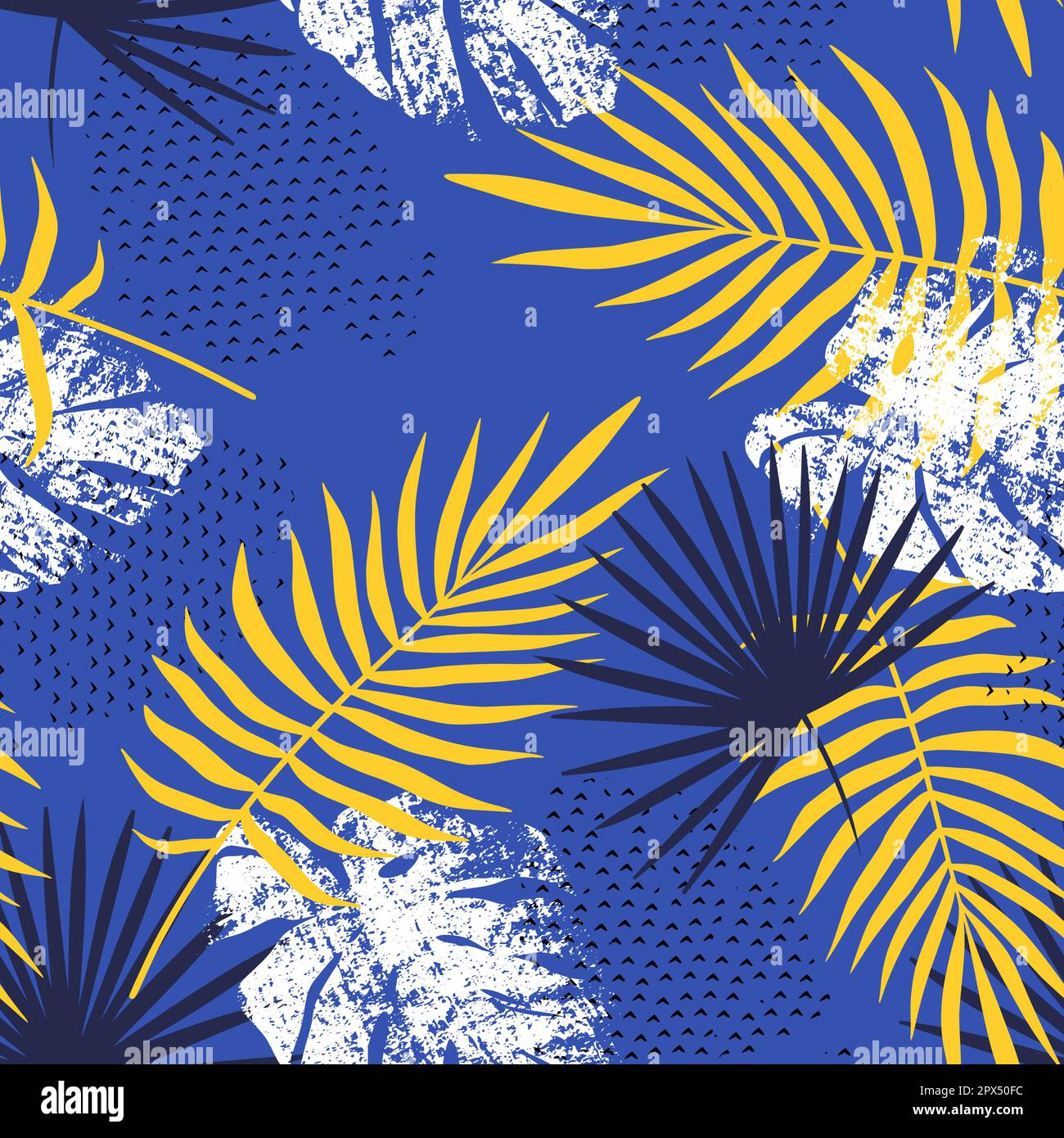 Tropischer Sommer Nahtloses Muster mit Monstera-Blättern und Palmenelementen. Monstera Leaves Retro Tropical Watercolor Nahtloses Sommermuster. Stock Vektor