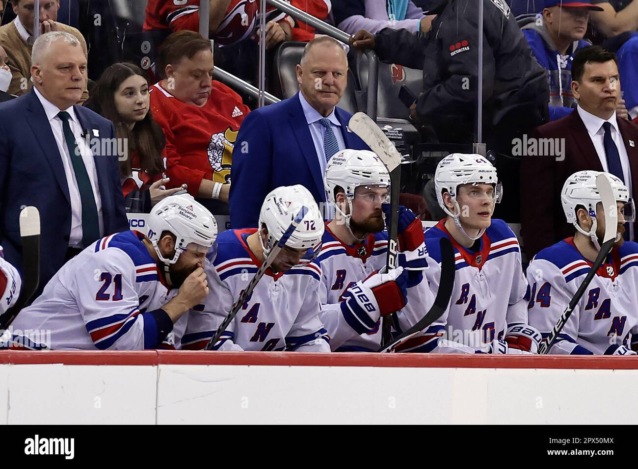 New York Rangers head coach Gerard Gallant looks on against the New