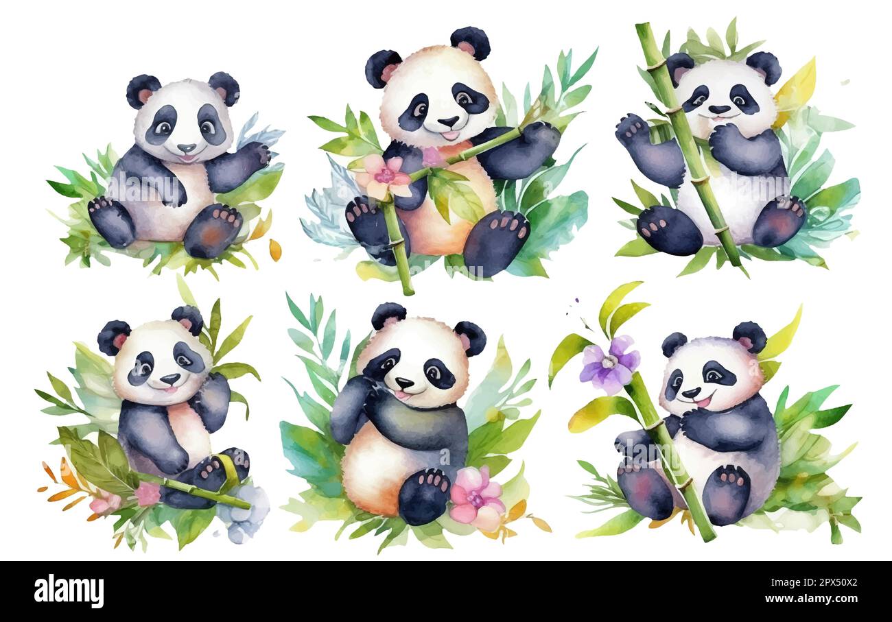 Aquarelle Darstellung von flauschigem Panda unter den Bambusblättern isoliert auf weißem Hintergrund Stock Vektor