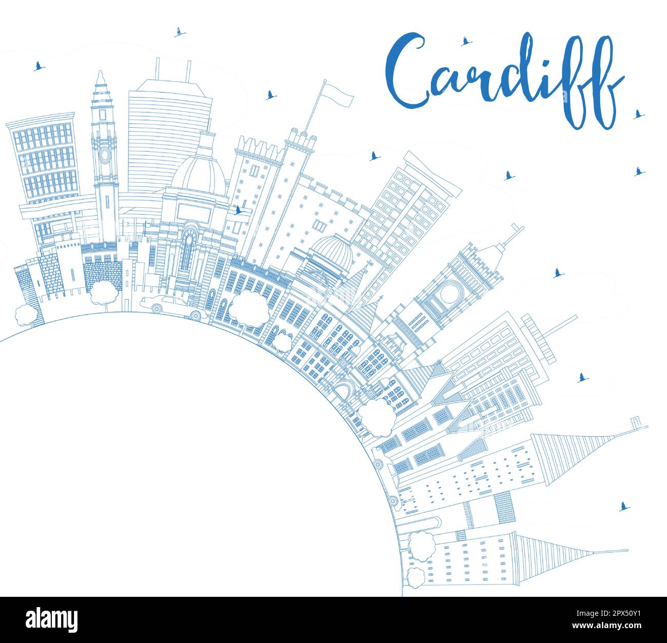 Umreißen Sie die Skyline von Cardiff Wales mit blauen Gebäuden und Copy Space. Vektordarstellung. Cardiff, Großbritannien, mit Wahrzeichen. Stock Vektor