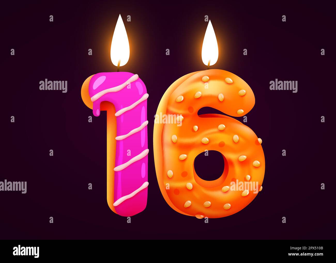 Geburtstagskuchen Schriftart 16 mit Kerze. Ein Jahrestag. Leckere Kollektion. Vektordarstellung Stock Vektor