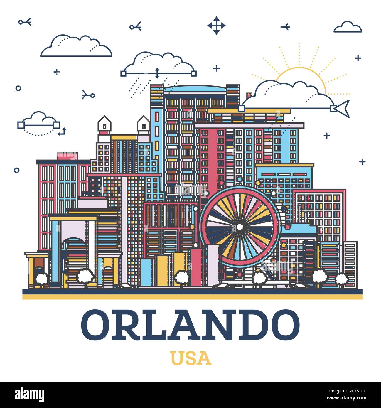 Umreißen Sie die Skyline von Orlando Florida City mit farbigen modernen und historischen Gebäuden, die auf Weiß isoliert sind. Vektorgrafik. Orlando USA Stadtbild. Stock Vektor