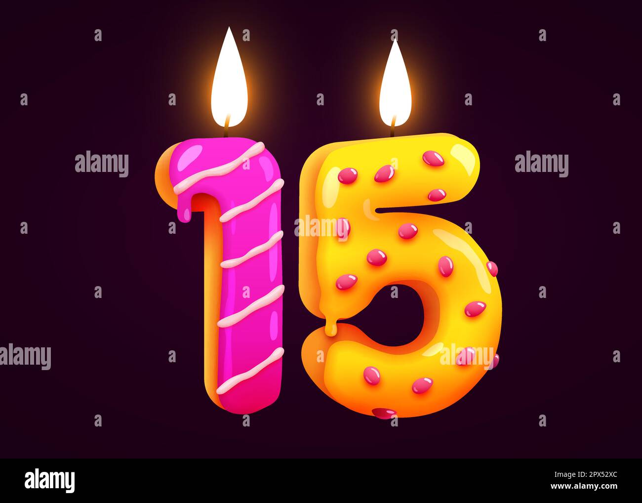 Geburtstagskuchen Schriftart 15 mit Kerze. Ein Jahrestag. Leckere Kollektion. Vektordarstellung Stock Vektor