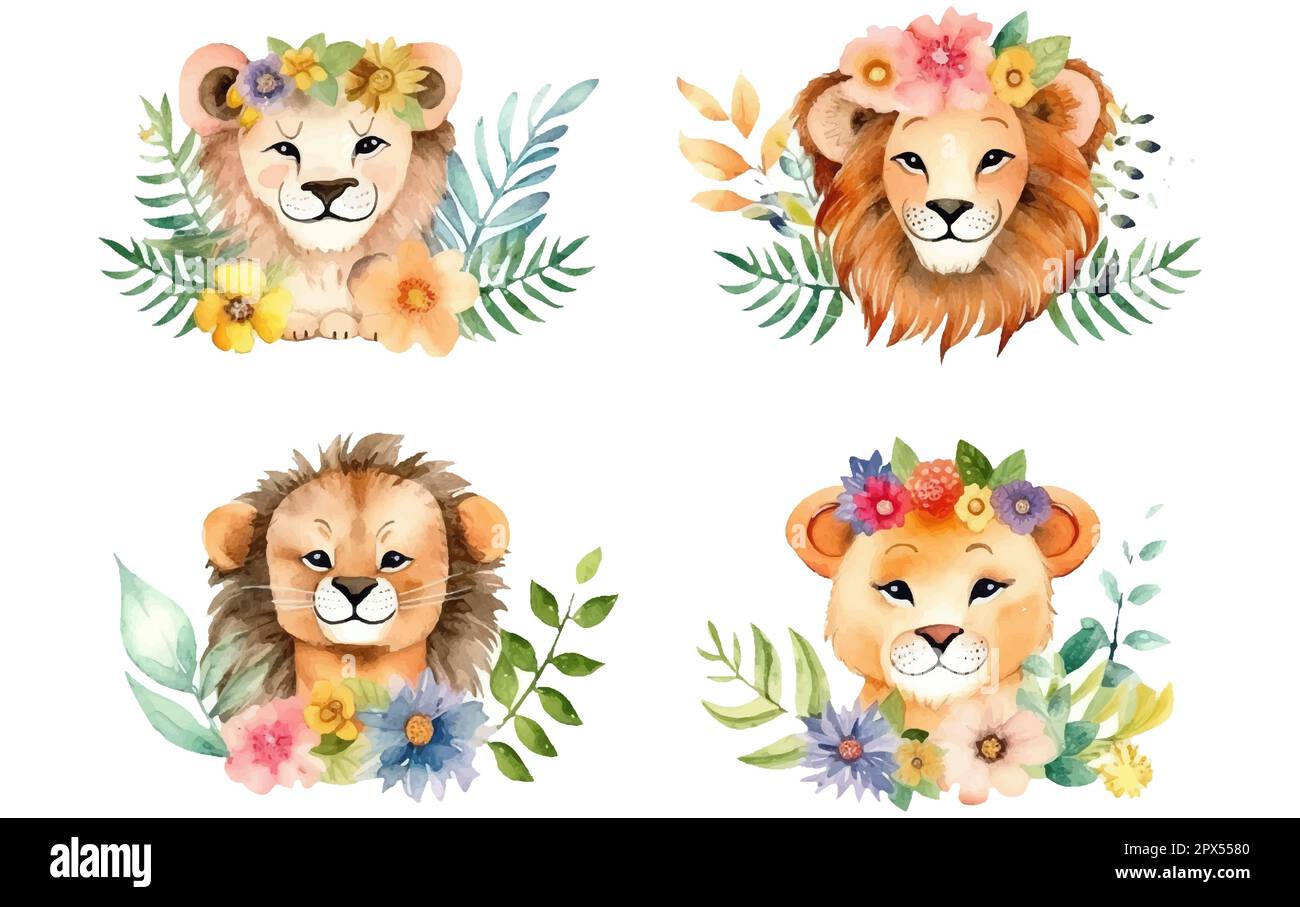 Aquarellfarben-Set-Darstellung von wilden Katzen Löwentiger isoliert auf weißem Hintergrund Stock Vektor