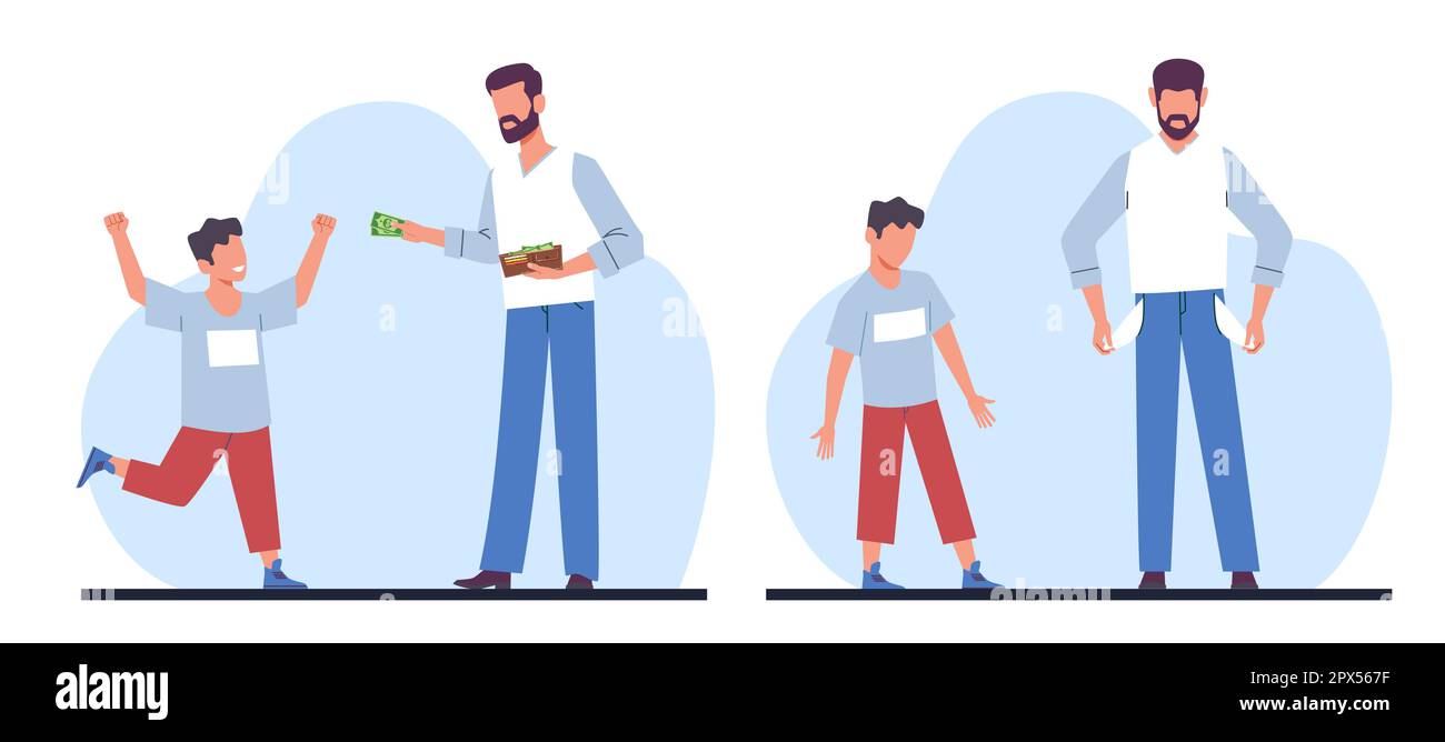 Vater gibt dem Sohn Geld aus der Tasche, Vater hat kein Geld für das Kind. Reiche und arme Familie, Kinder Taschengeld, Kinderbudget und Akkumulation Stock Vektor