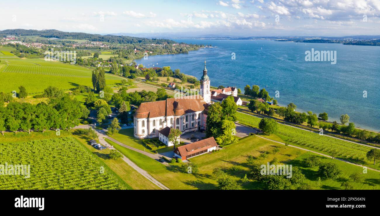 Zisterzienserkloster Birnau am Bodensee Panorama Luftaufnahme Foto barocke Wallfahrtskirche in Deutschland Stockfoto