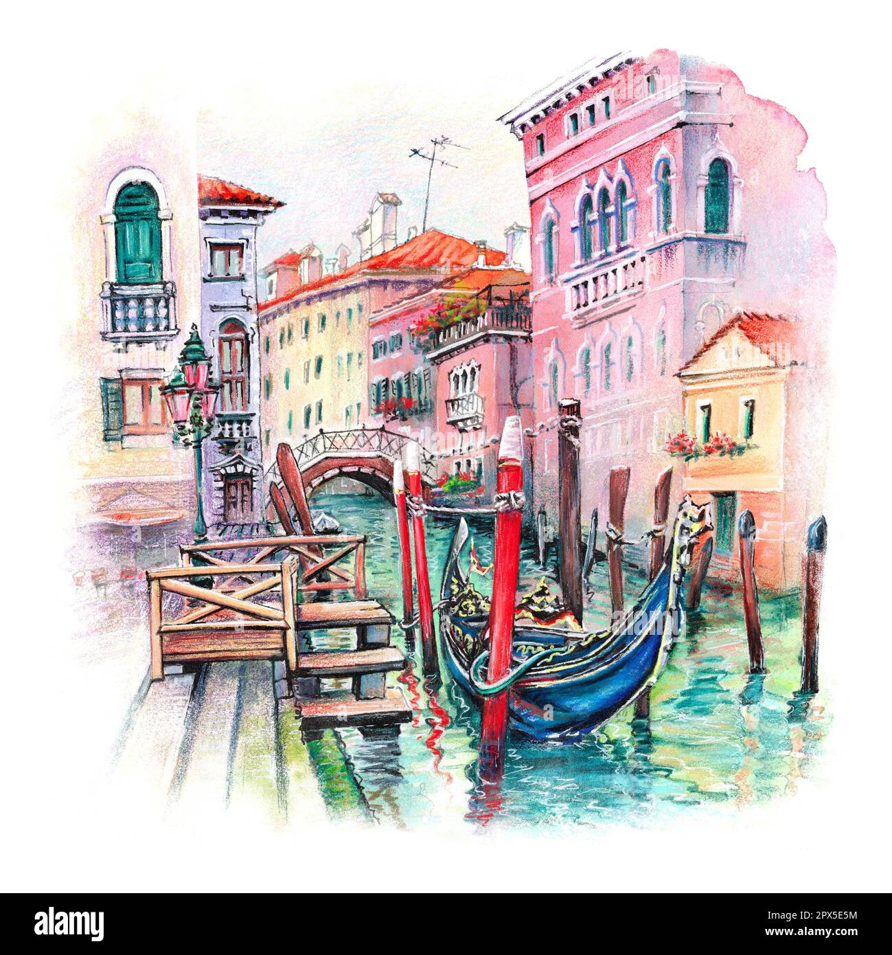 Aquarellskizze des Kanals Santi Giovanni e Paolo und der Gondeln an ihren Anlegestellen, Venedig, Italien Stockfoto