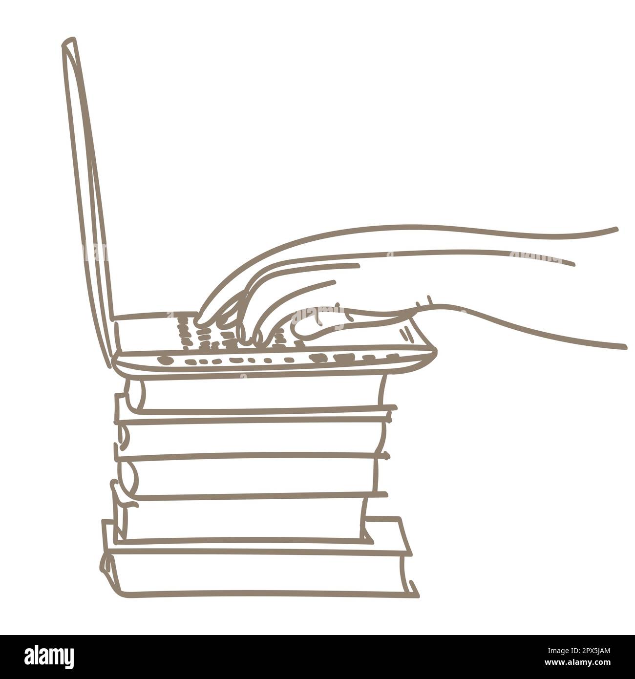 Hände an der Arbeit auf der Laptop-Tastatur, der Laptop liegt auf den Büchern. Arbeitsplatz zu Hause. Stock Vektor