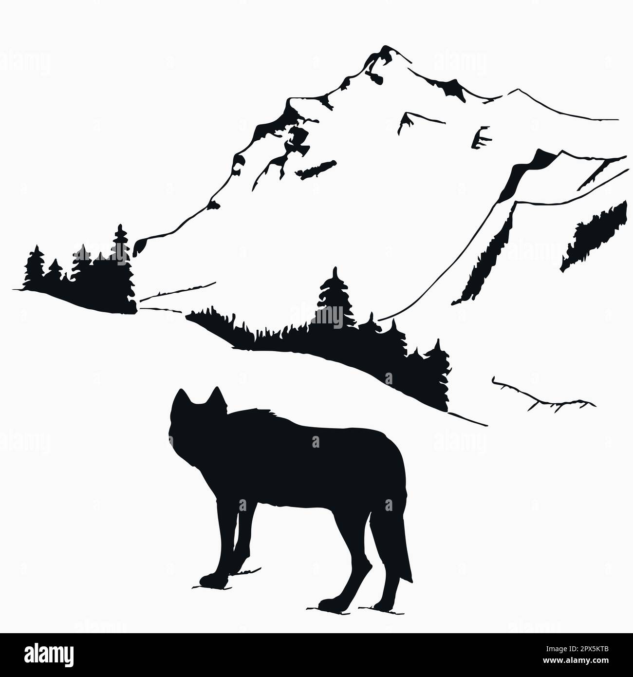 Der Wolf schaut auf Berge und Wälder. Handgezeichnete Kunst in Schwarzweißfarben. Skizze einer wilden Natur. Tier und Natur. Vektorkunst Stock Vektor