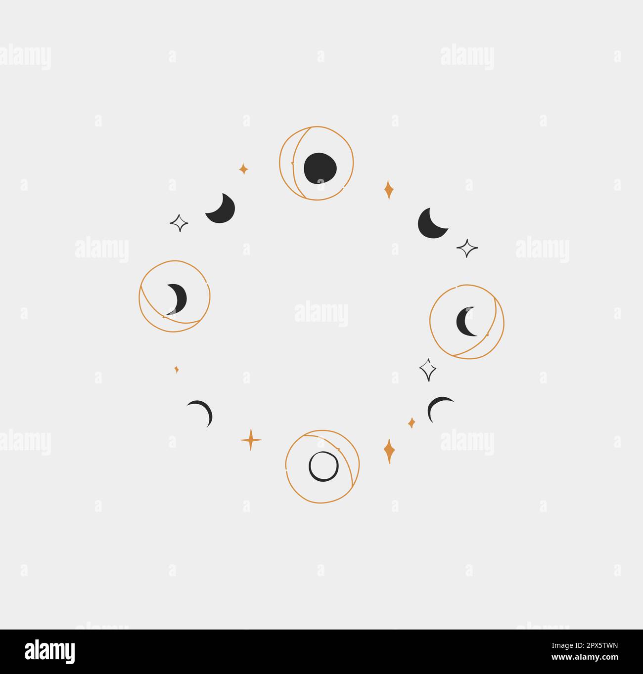 Handgezeichnete abstrakte Vektoren, grafische Kunst, magische Mondphasen und Sterne in minimalistischer moderner Linienart. Mond- und Sternzeichen-Designkonzept Stock Vektor