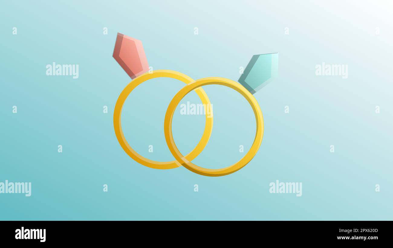 Wunderschöne festliche rote Liebe fröhliche goldene Eheringe mit Diamanten als Grußkarte für den Tag aller Liebenden, Valentinstag auf einem blauen Hintergrund Stock Vektor