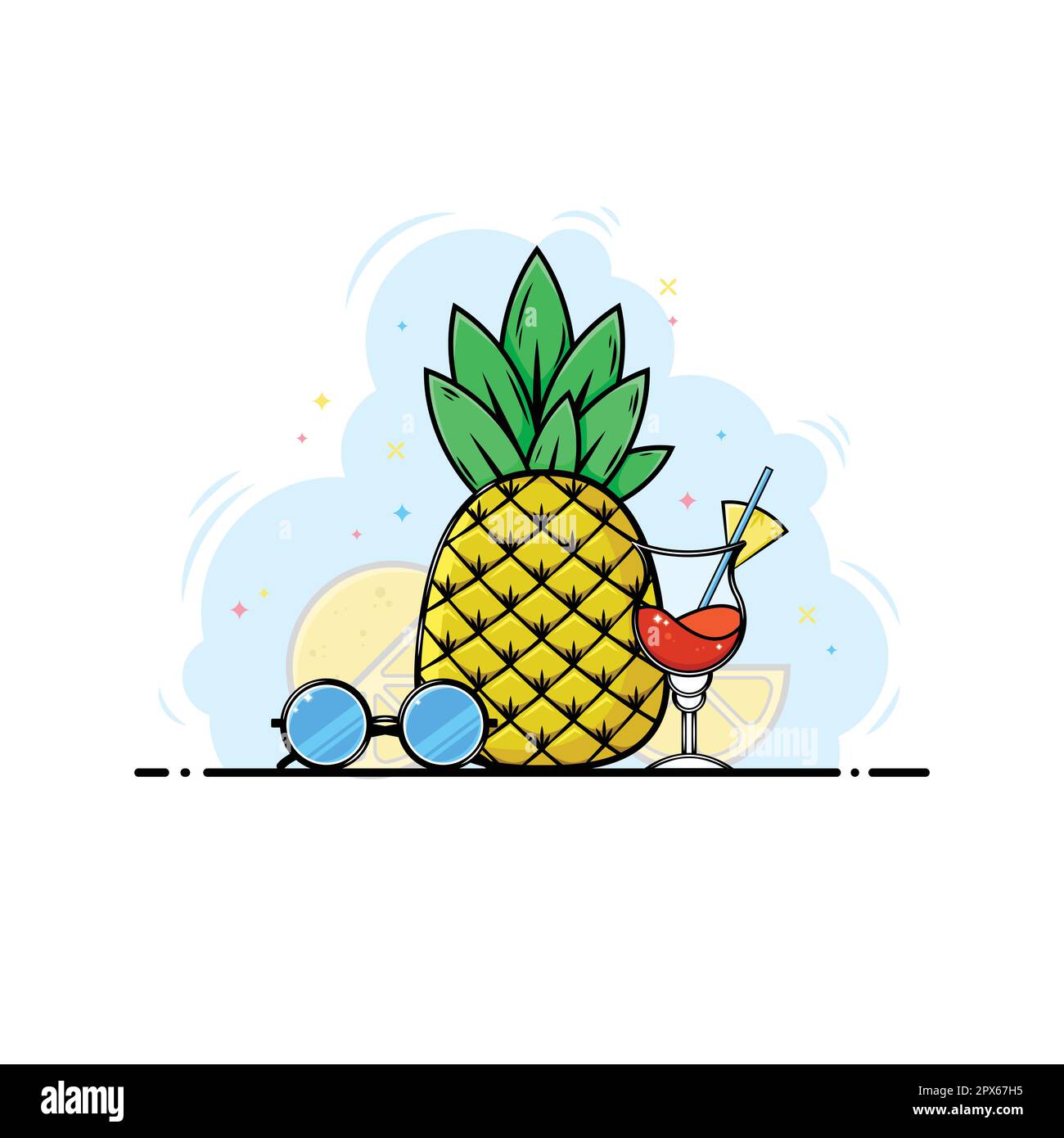 Tropenfrucht Stillleben. Ananas, Sonnenbrille und Cocktail-Illustration. Stock Vektor