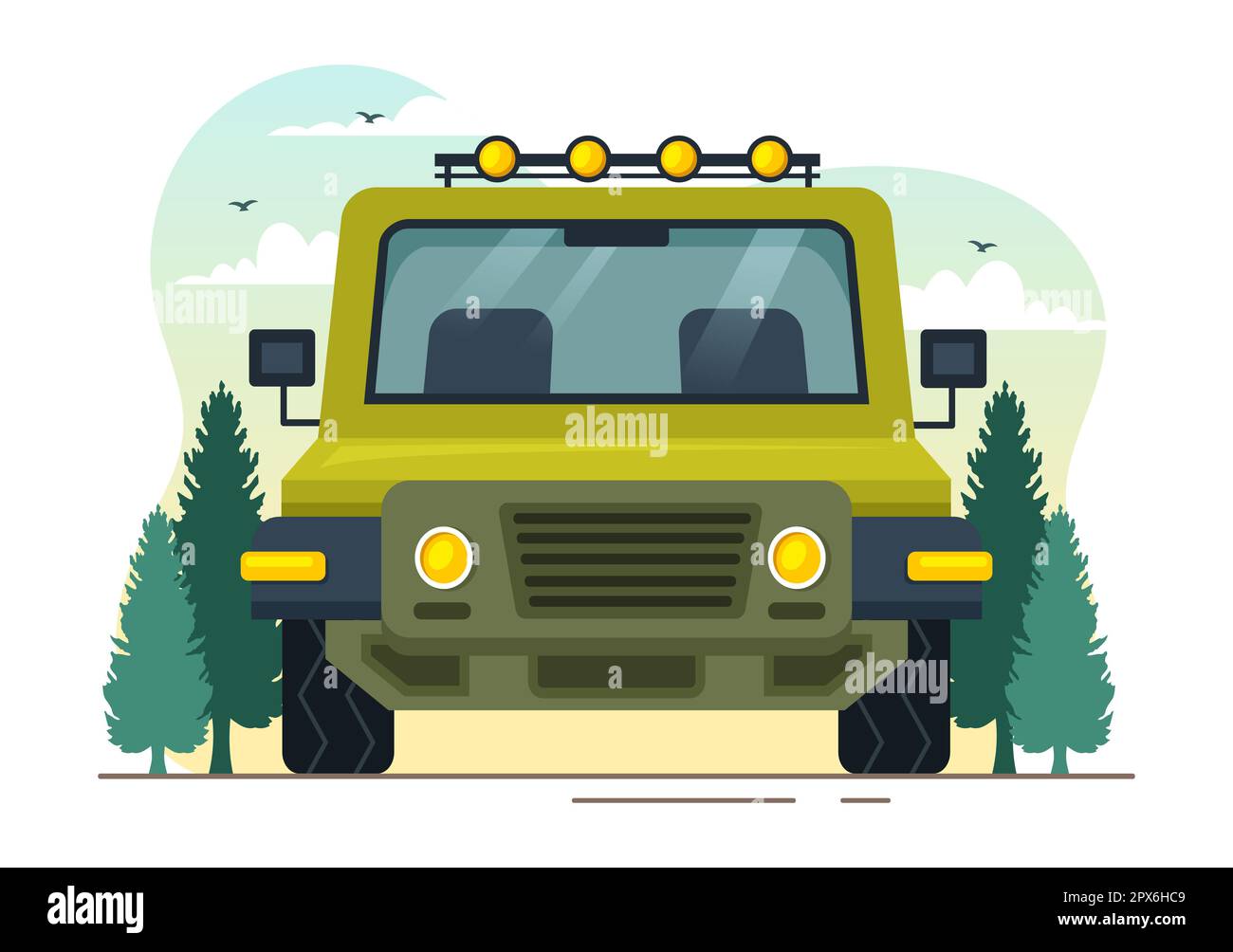 Off-Road-Illustration mit einem Jeep oder SUV, um in flachen, von Hand gezeichneten Cartoon-Vorlagen durch felsiges Gelände, Flüsse und Sand zu fahren Stockfoto