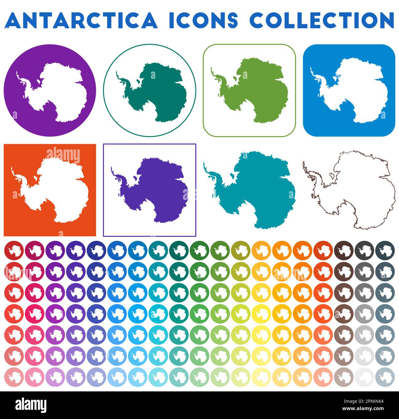 Antarctica Icons Kollektion. Bunte, trendige Kartensymbole. Moderne Antarktis-Abzeichen mit Landkarte. Vektorabbildung. Stock Vektor