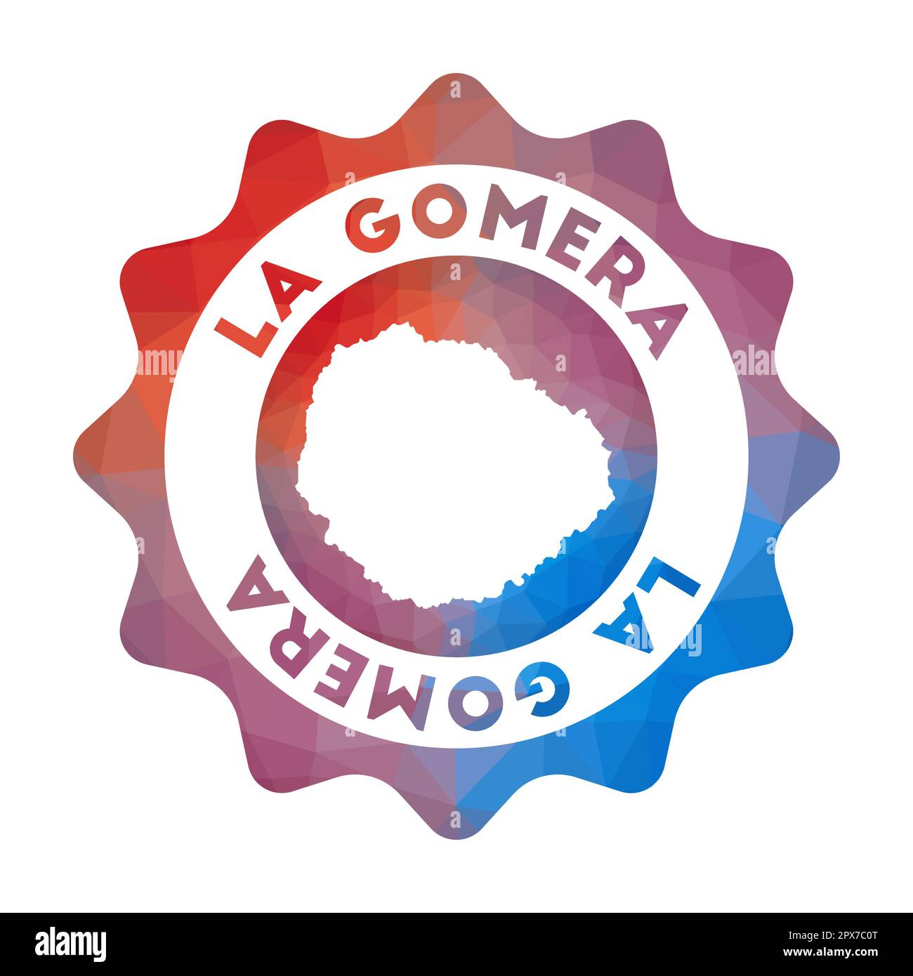 Logo „La Gomera Low Poly“. Farbenfrohes Logo der Insel für Steigungen im geometrischen Stil. Mehrfarbiges polygonales La Gomera-Rundzeichen mit Karte für Yo Stock Vektor