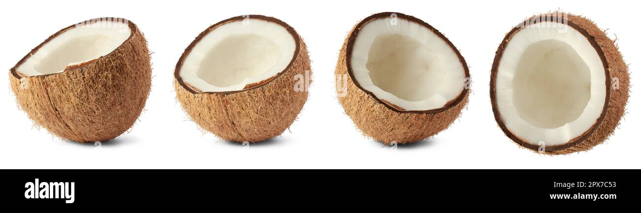 Kokosnuss in verschiedenen Winkeln, vielseitige und weit verbreitete tropische Früchte mit kulinarischer, medizinischer und industrieller Verwendung, isoliert auf weißem Hintergrund, Stockfoto