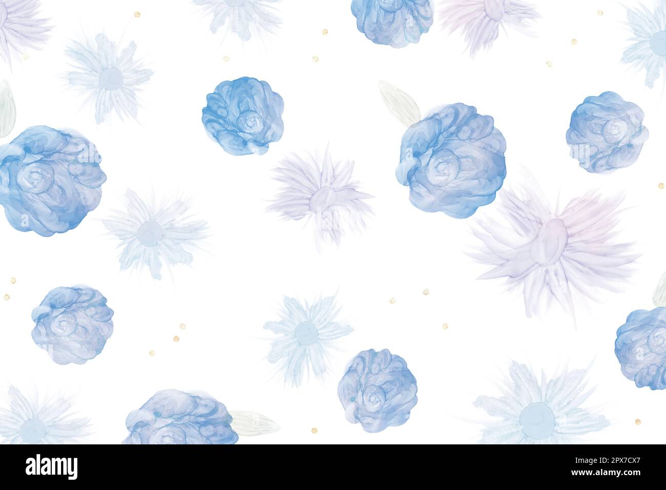 Alkoholtinte Art botanischer Hintergrund für den Frühling. Modernes Blumenmuster in Hellblau mit goldenem Glitzer Stockfoto