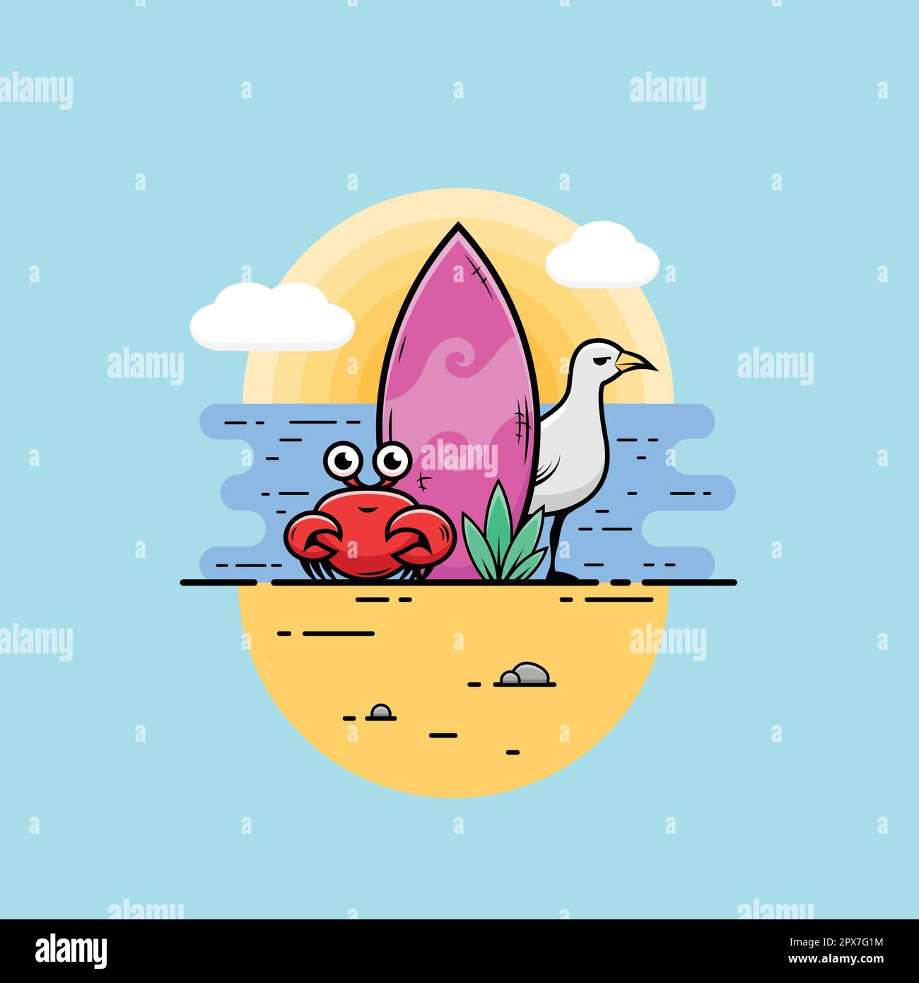 Surfbrett- und Meeresfiguren-Zeichentrickfilm mit tropischer Illustration. Stock Vektor