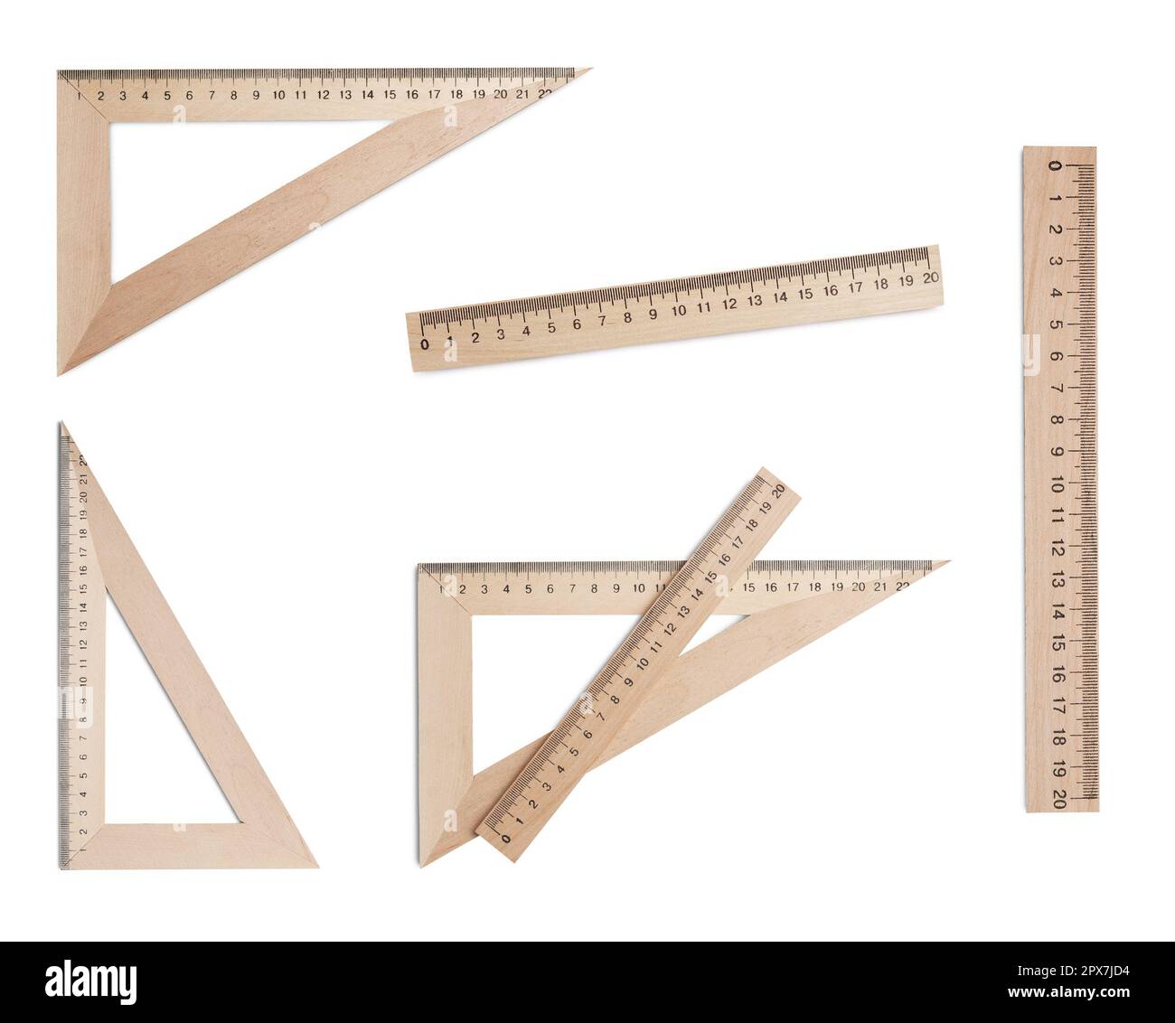 Set mit verschiedenen Linealen mit Längenmarkierungen in Zentimetern auf weißem Hintergrund Stockfoto