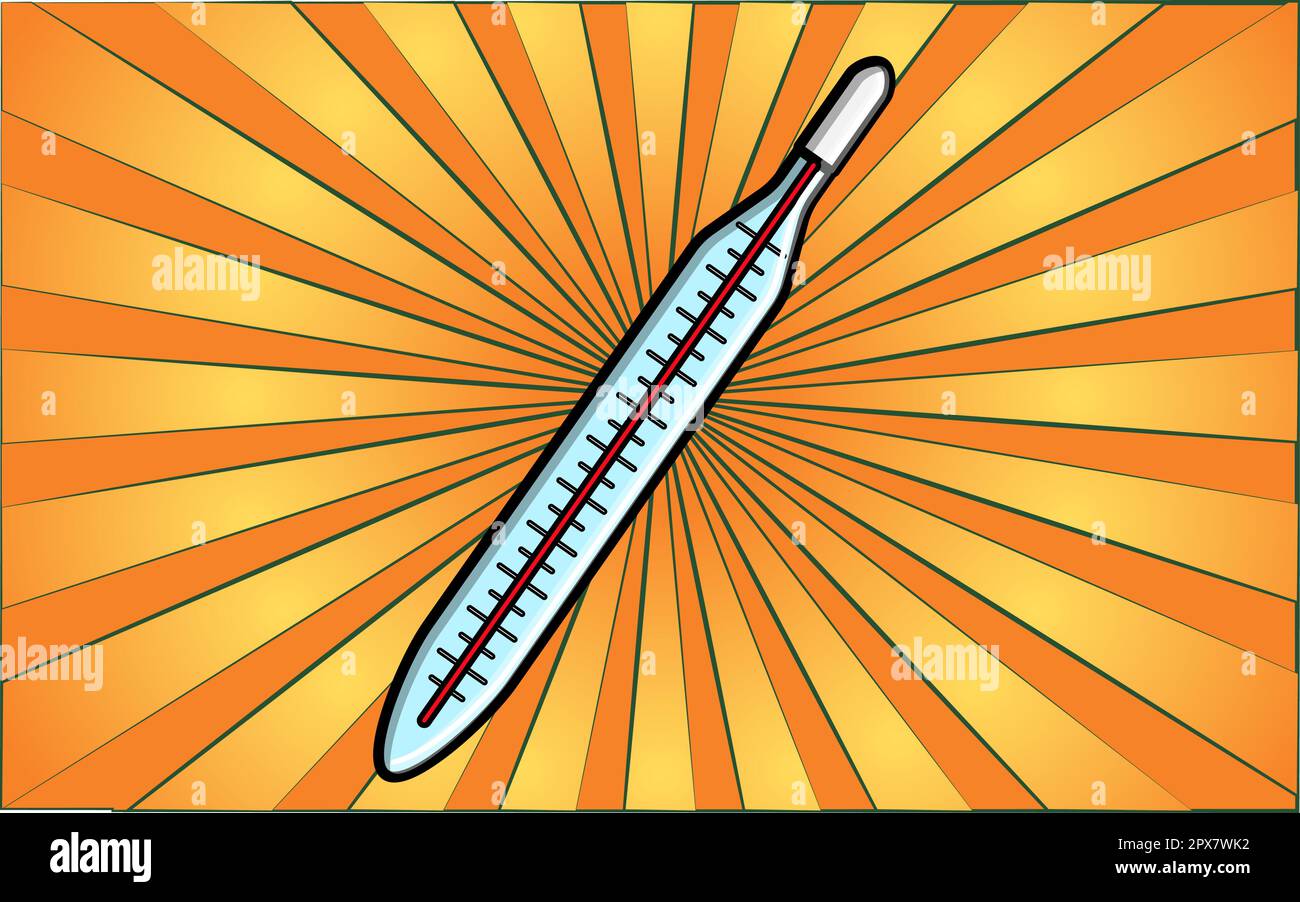 Medizinisches Glas-altes Retro-Thermometer zur Temperaturmessung und Pflege der Dämmerung auf dem Hintergrund abstrakter gelber Strahlen. Vektordarstellung. Stock Vektor