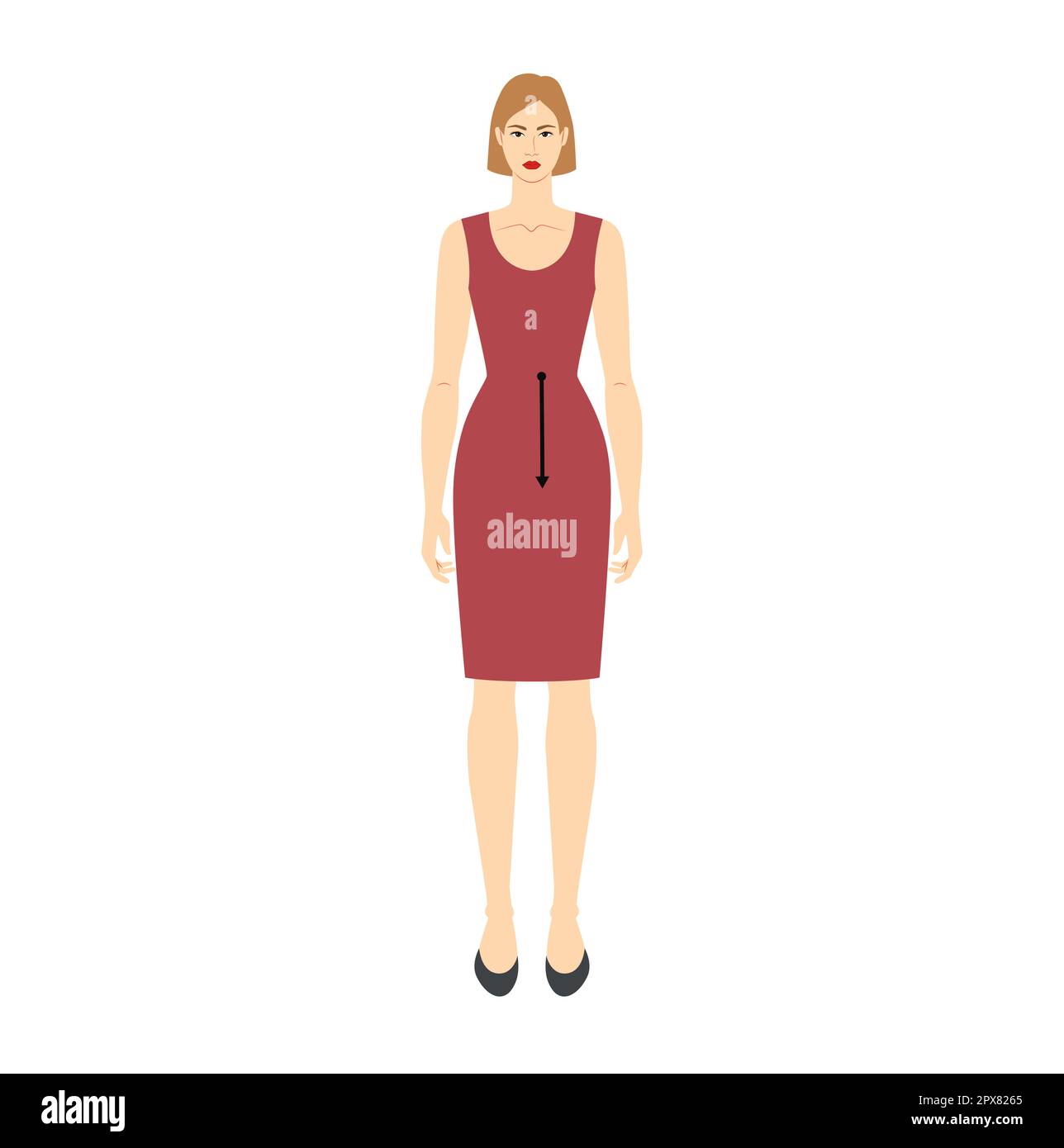 Frauen messen Hüfte bis Hüfte Körper mit Pfeilen Mode Abbildung für  Größentabelle. Flache weibliche Figur vorne, 8 Kopfgröße, Mädchen in  burgunderrot gekleidetem Kleid. Infografik-Vorlage für Kleidung für Frauen  Stock-Vektorgrafik - Alamy