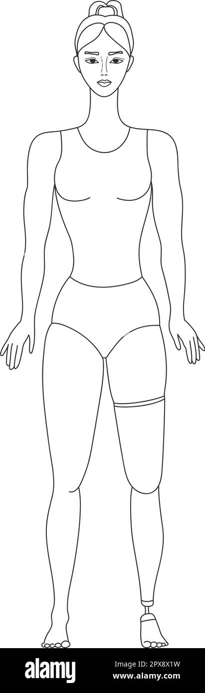 Behindertes Mädchen mit Beinprothese. Körperpositiv und Feminismus. Weiblicher Charakter mit körperlicher Behinderung. Handgezeichnete Vektorgrafiken Stock Vektor