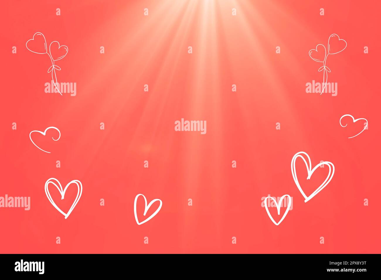 Weiße Herzen und Ballons mit Sonnenstrahlen auf hellrotem Hintergrund Stockfoto