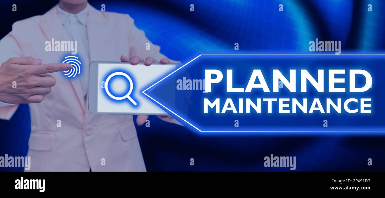 Textüberschrift mit der Darstellung „geplante Wartung“ und „Word for Check ups“, die regelmäßig durchgeführt werden sollen Stockfoto