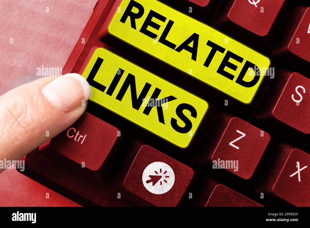 Handgeschriebenes Schild Verwandte Links, Geschäftsübersicht Website innerhalb einer Webseite Querverweis Hotlinks Hyperlinks Stockfoto