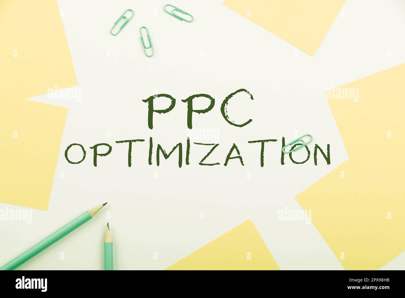 Handschriftlicher Text PPC-Optimierung, Word zur Verbesserung der Suchmaschinenplattform für Pay-per-Click Stockfoto