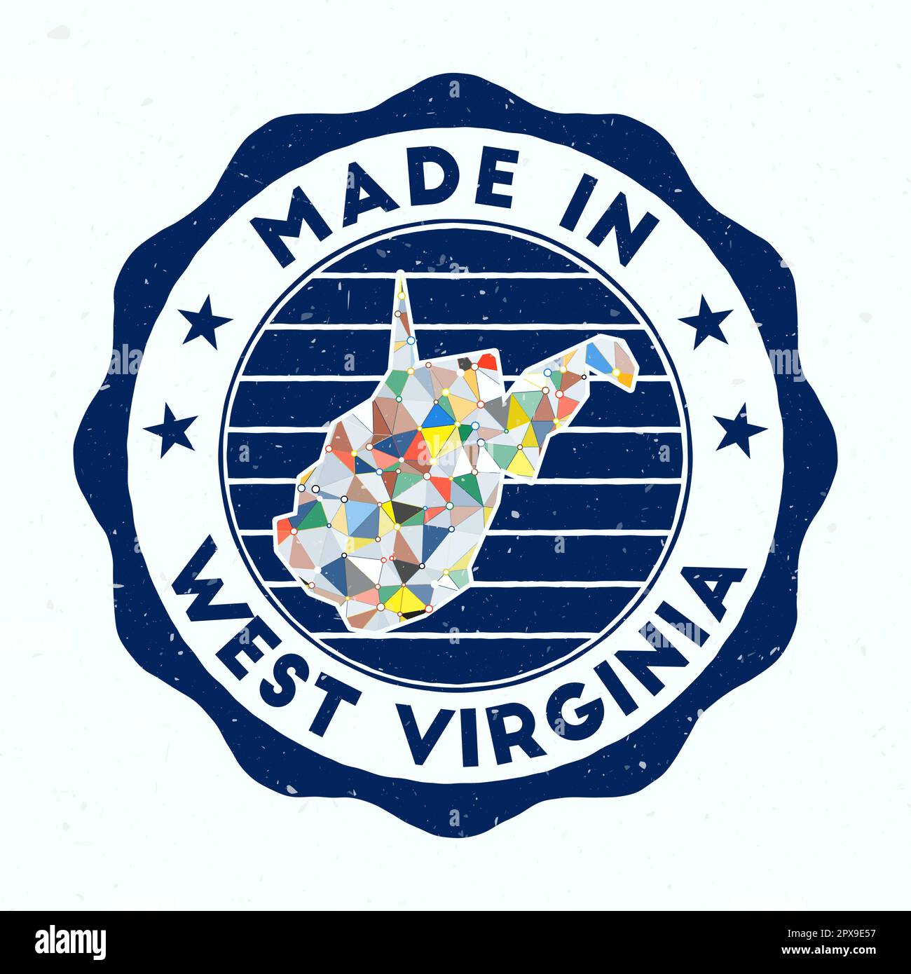 Hergestellt in West Virginia. Runder Stempel des US-Bundesstaates. Siegel von West Virginia mit Randform. Vintage-Abzeichen mit kreisförmigem Text und Sternen. Vektorabbildung. Stock Vektor