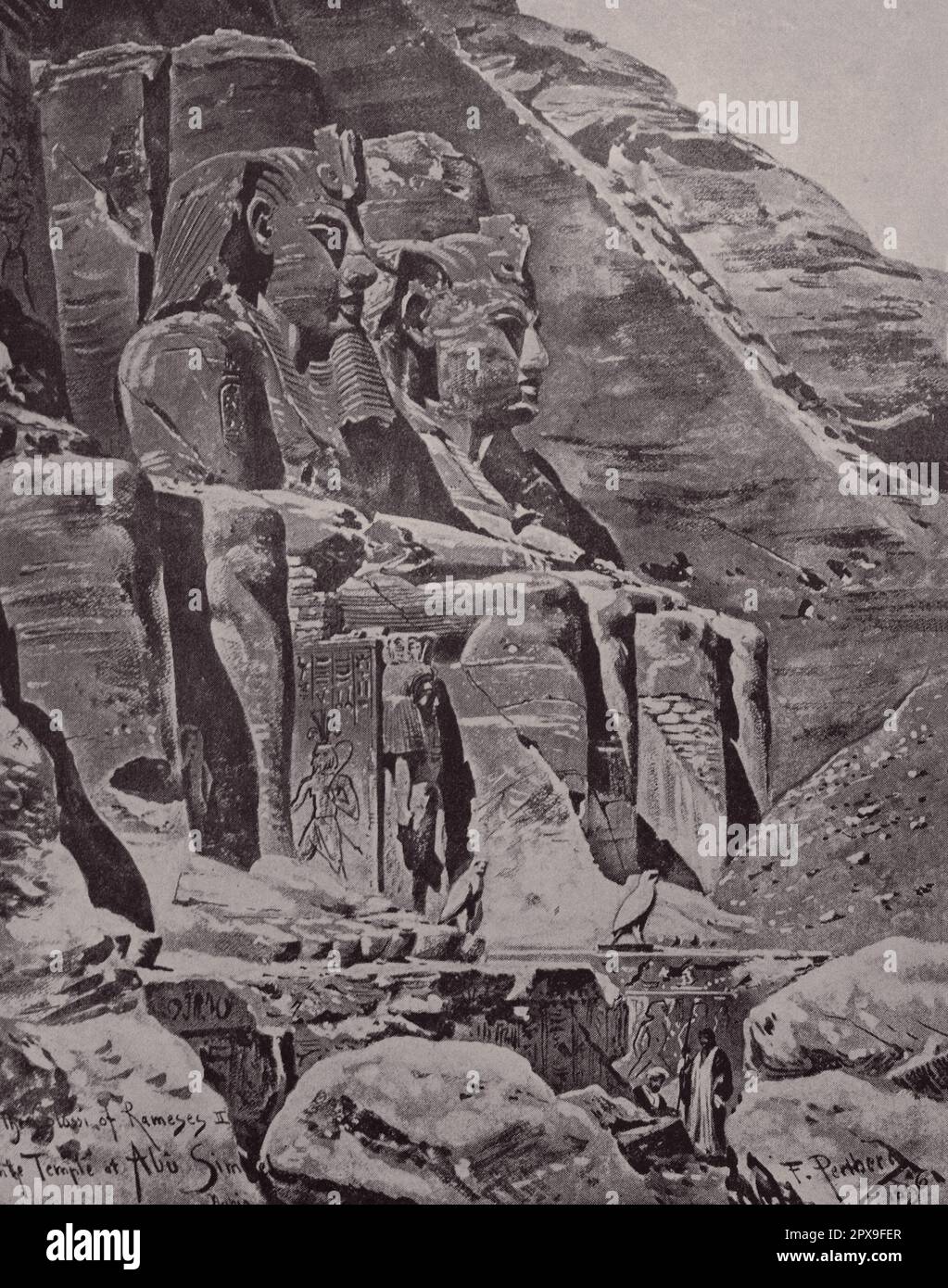 Nubische Denkmäler von Abu Simbel bis Philae. Etwa 1264 v. Chr. Abu Simbel ist eine historische Stätte mit zwei massiven, in Fels gehauenen Tempeln im Dorf Abu Simbel, dem Gouvernement Assuan, Oberägypten, in der Nähe der Grenze zum Sudan. Die Zwillingstempel wurden ursprünglich im 13. Jahrhundert v. Chr. aus dem Gebirge geschnitzt, während der Herrschaft der 19. Dynastie des Pharaos Ramesses II Ihre riesigen äußeren Gesteinsgestein-Figuren von Ramesses II sind zu einem Ikone geworden. Seine Frau, Nefertari, und seine Kinder sind in kleineren Figuren an seinen Füßen zu sehen. Skulpturen im Inneren des Großen Tempels erinnern an Ramesses II. Heldenhafte Führer Stockfoto